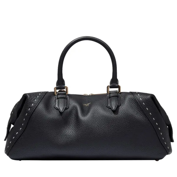 Black Cowhide Leather Zip Boston Bag