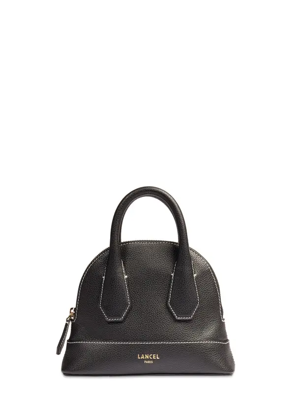 Black Small Grained Leather Dome Top-Handle Bag