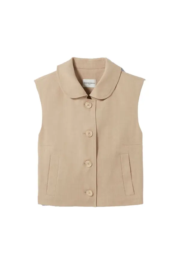 Short Tailored Sleeveless Linen Jacket