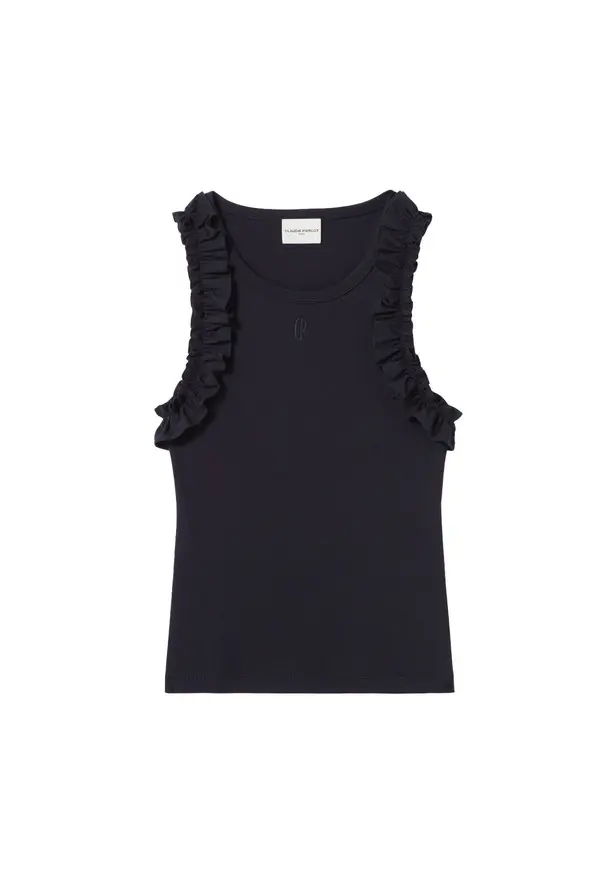 Embroidered Cotton Sleeveless T-Shirt with Poplin Ruffles 