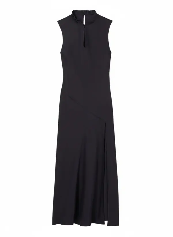 Sleeveless Ruffle-Neck Midi Dress with Keyhole Detail