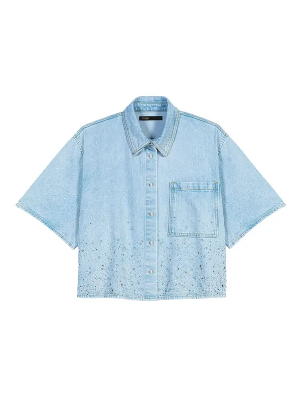 Cropped Rhinestone Denim Shirt