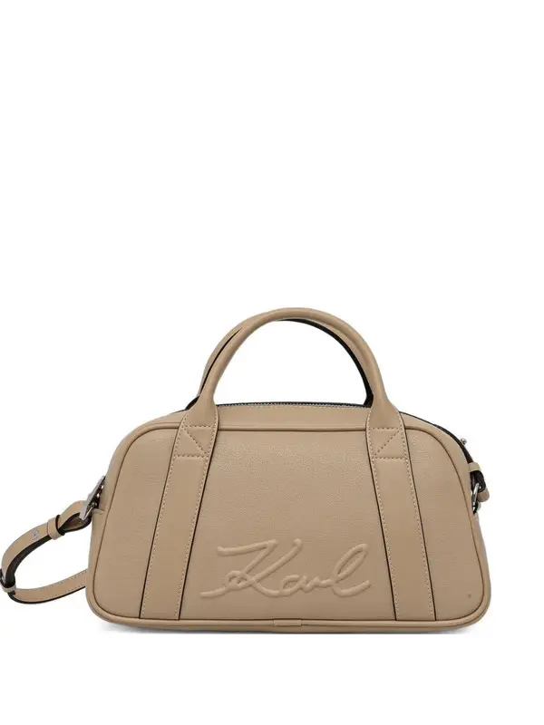 Embossed Logo Leather Top Handle Bowling Bag