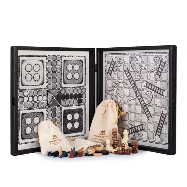 Chess/Backgammon/Ludo/Snakes  - Freehand Drawing Sketch in Black - Walnut replica wooden case