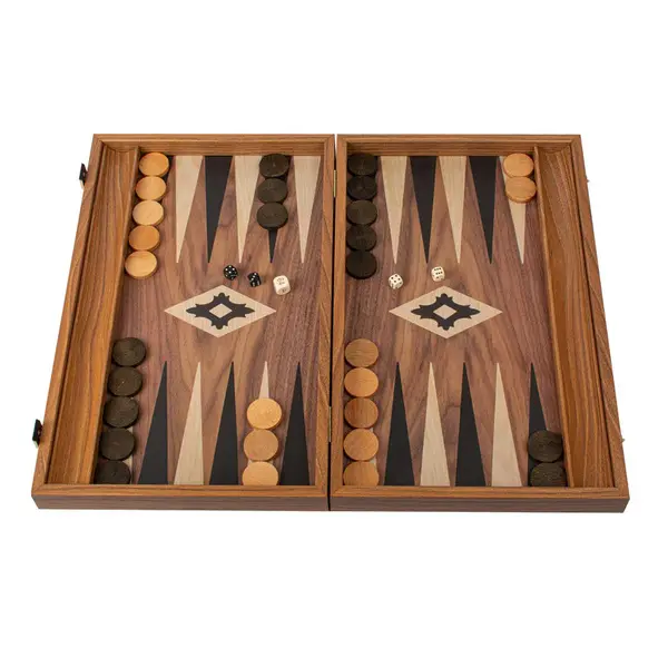 Wooden Backgammon Walnut Replica with Black & Oak points with Side racks 48x30cm