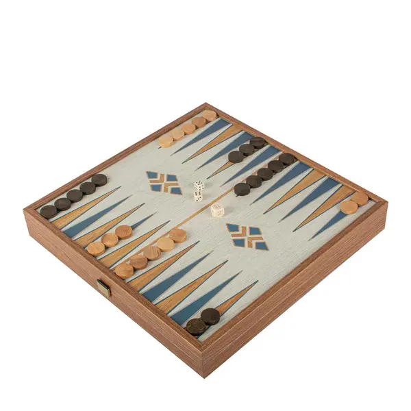 Chess/Backgammon - Turquoise color design in Walnut replica wooden case 41x41cm