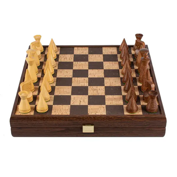 Brown Natural Cork Chessboard 34cm Inlaid on wooden box with natural & brown chessmen