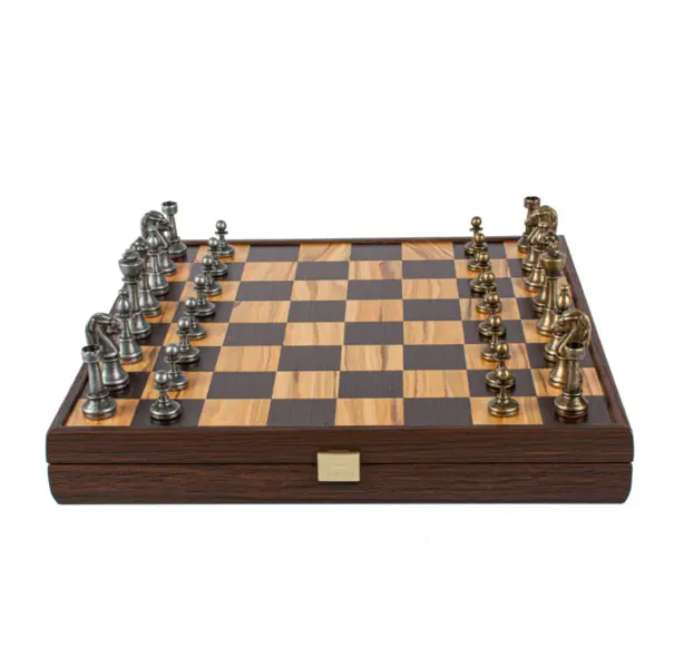 Wooden Chess set - Metal Staunton Chessmen & Olive Burl/Wenge Chessboard 35cm Inlaid on wooden box
