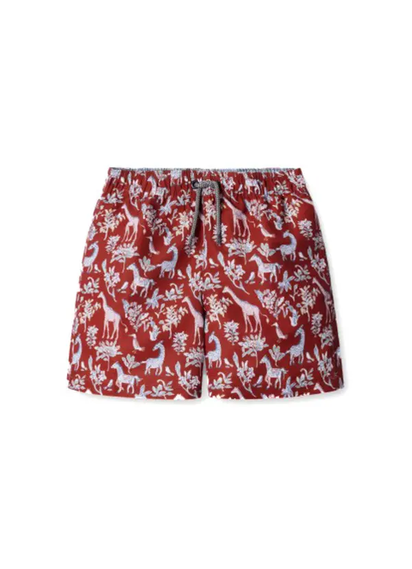 Swim Shorts with White Giraffe and Floral Motif
