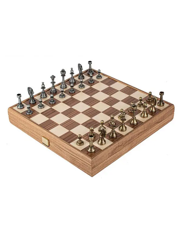 Wooden Chess set with Metal Staunton Chessmen & Walnut/Oak Chessboard 35cm Inlaid on wooden box