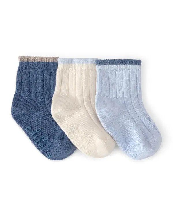 Baby 3-Pack Ankle Socks - Blue/Ivory
