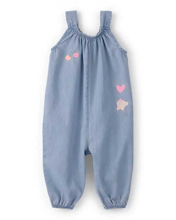 Kids Baby Girl Embroidered Chambray Sleeveless Jumpsuit - Blue