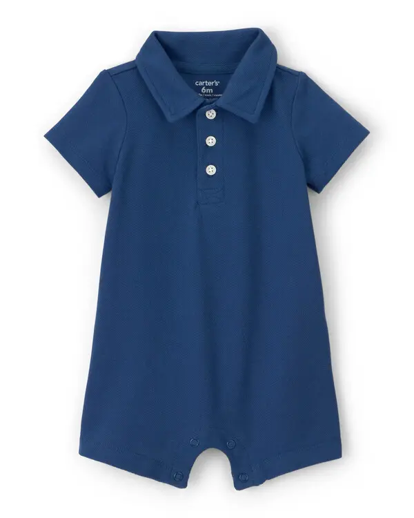 Baby Boy Pique Polo Short-Sleeve Romper - Navy Blue