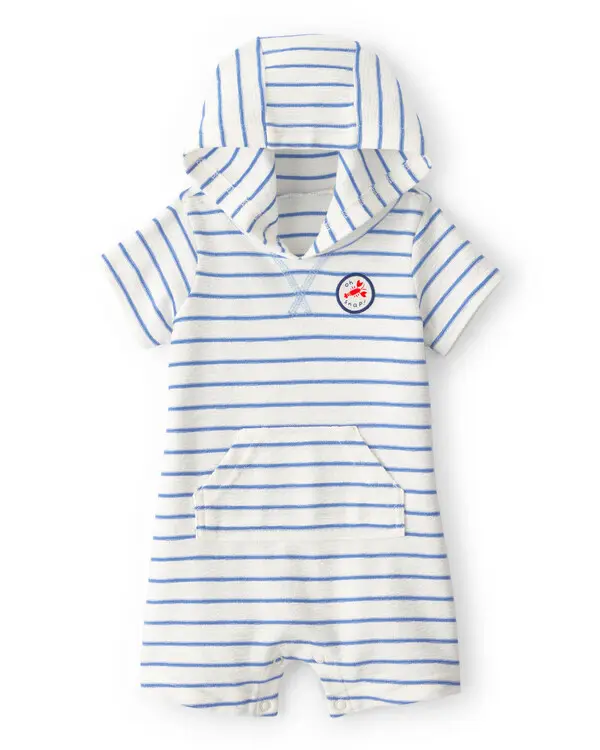 Baby Boy 'Oh Snap!' Lobster Stripe Short-Sleeve Hooded Romper - Blue/White