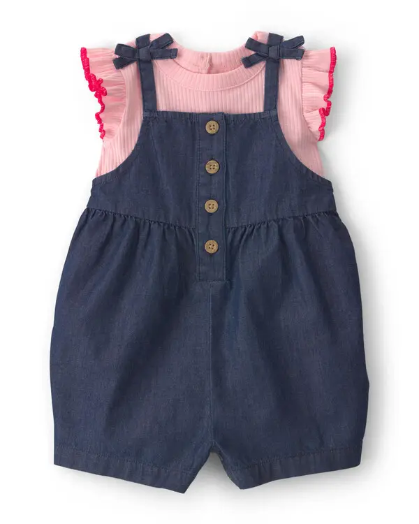 Kids Baby Girl 2-Piece Chambray Romper Set - Pink/Blue