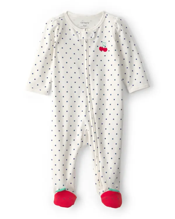 Kids Baby Girl Cherry 2-Way Zip 100% Cotton Sleeper - White