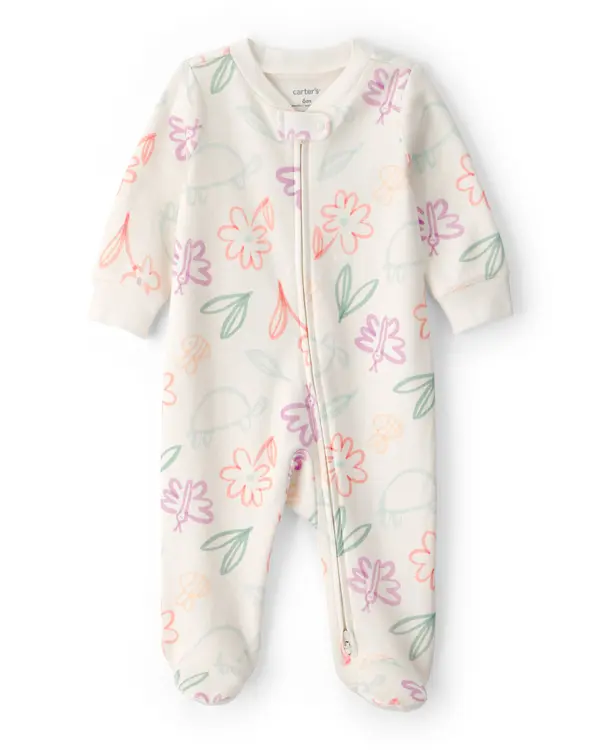 Baby Girl Spring Floral 2-Way Zip 100% Cotton Sleeper - Ivory