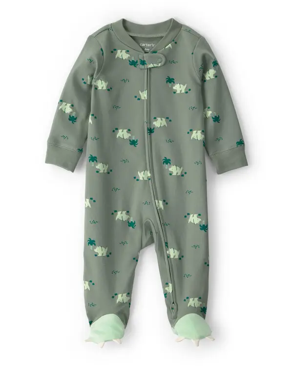 Baby Boy Dinosaur 2-Way Zip 100% Cotton Sleeper - Green