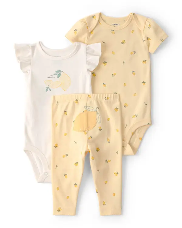  Baby Girl 3-Piece Lemon Bodysuits & Pant Set - Yellow/White