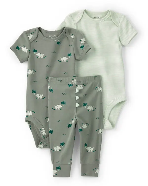  Baby Boy 3-Piece Dinosaur Bodysuits & Pant Set - Green