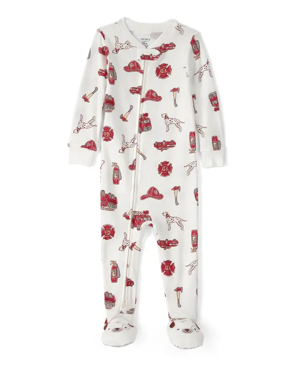  Baby Boy Firetruck 100% Cotton Snug Fit 1-Piece Pyjama Set - White