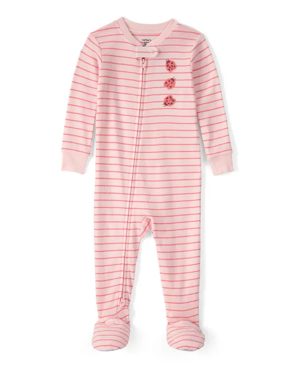  Baby Girl Ladybug Striped 100% Cotton Snug Fit 1-Piece Pyjama Set - Pink