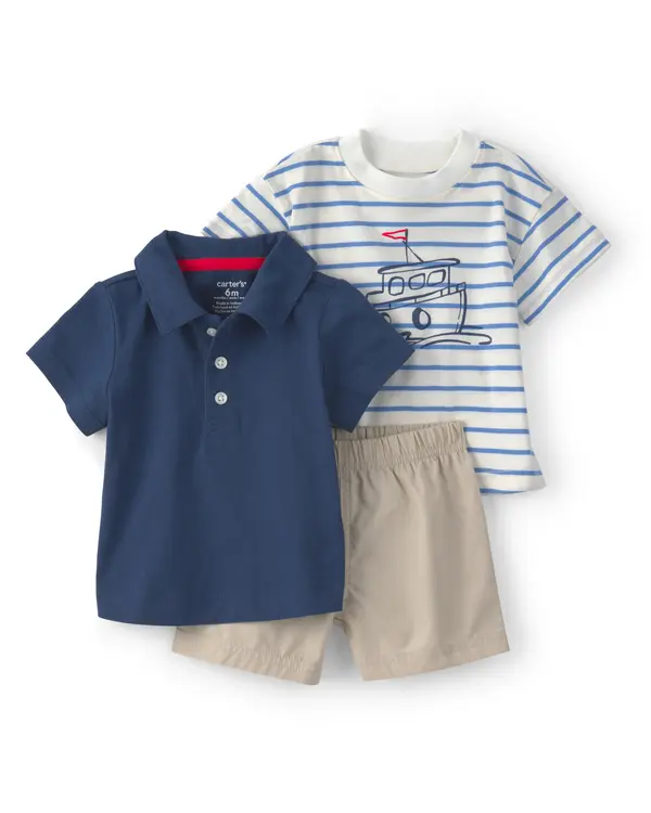  Baby Boy 3-Piece Nautical Short-Sleeve Tops & Short Set - Blue