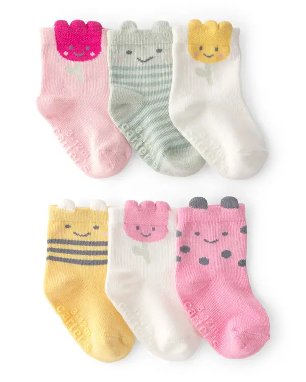  Baby Girl 6-Pack Floral Critter Socks - Pink/Yellow