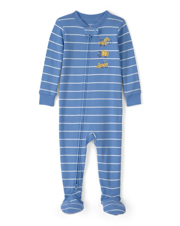  Baby Boy Construction Striped 100% Cotton Snug Fit 1-Piece Pyjama Set - Blue