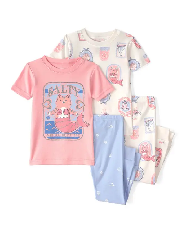  Toddler Girl Mermaid Cat 100% Cotton Snug Fit 4-Piece Pyjama Set - Pink/Ivory