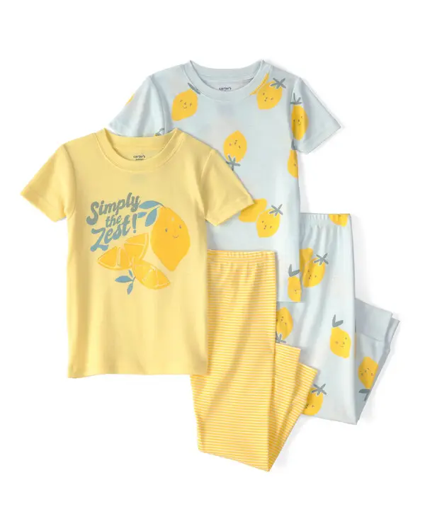  Toddler Girl Lemon 100% Cotton Snug Fit 4-Piece Pyjama Set - Blue/Yellow