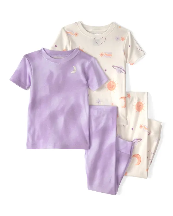  Toddler Girl Space Constellation Tie-Dye 100% Cotton Snug Fit 4-Piece Pyjama Set - Purple