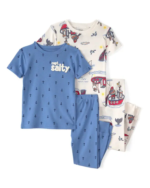  Toddler Boy Anchor 100% Cotton Snug Fit 4-Piece Pyjama Set - Blue/Cream