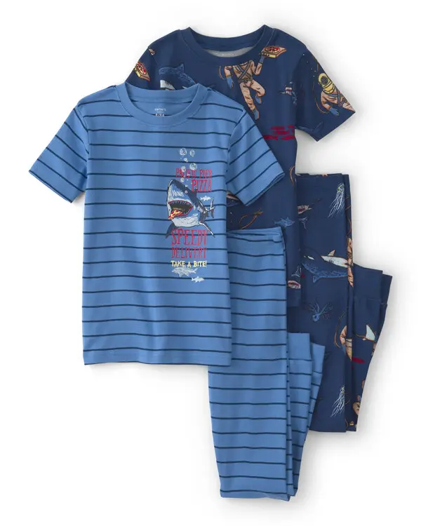  Boys Boat 100% Cotton Snug Fit 4-Piece Pyjama Set - Blue