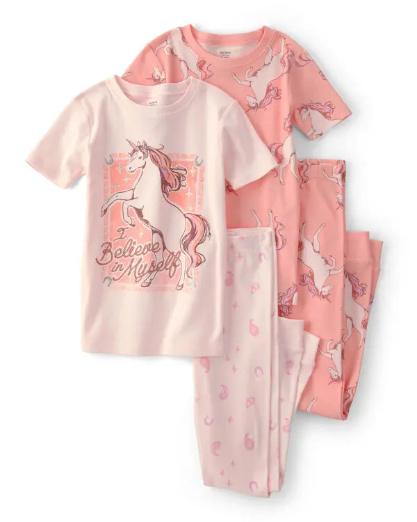  Girls Unicorn 100% Cotton Snug Fit 4-Piece Pyjama Set - Pink