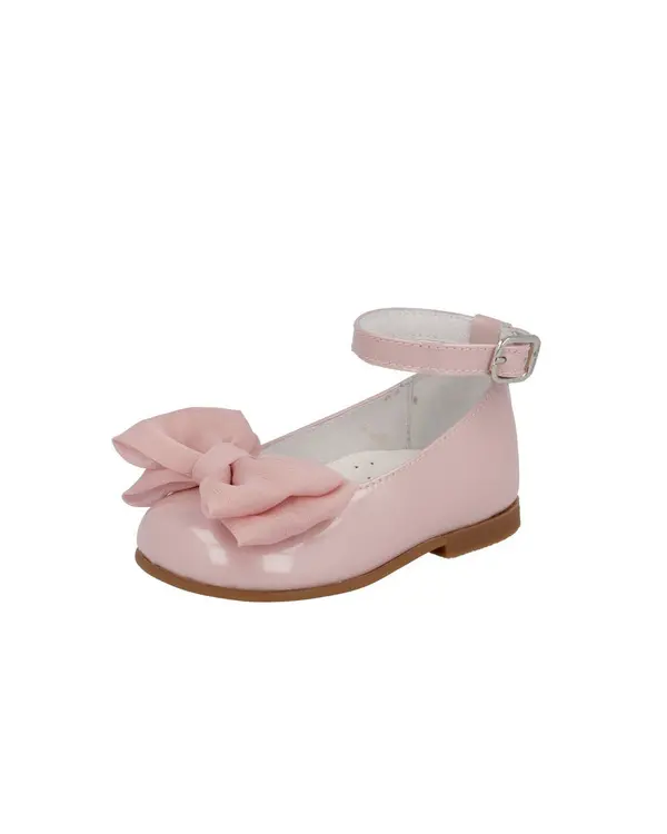 Patent Leather Ankle-Strap Balletina with Chiffon Bow Accent