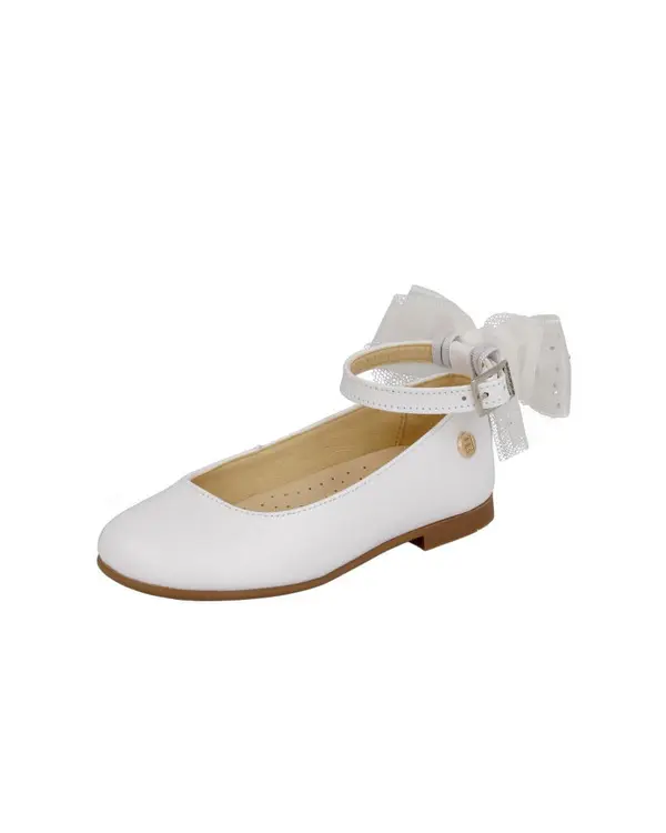 Leather Ankle-Strap Flats with Tulle Heel Bow