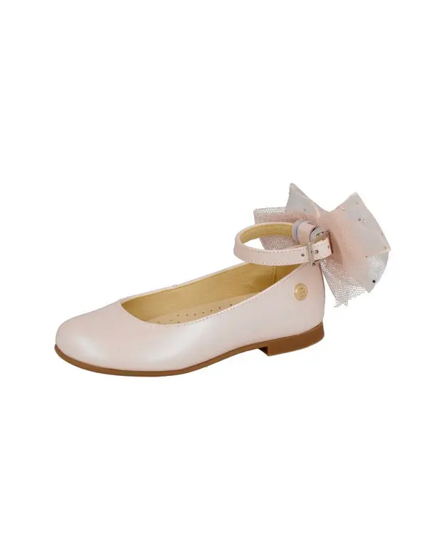 Ankle-Strap Leather Ballerina with Sparkling Tulle Bow
