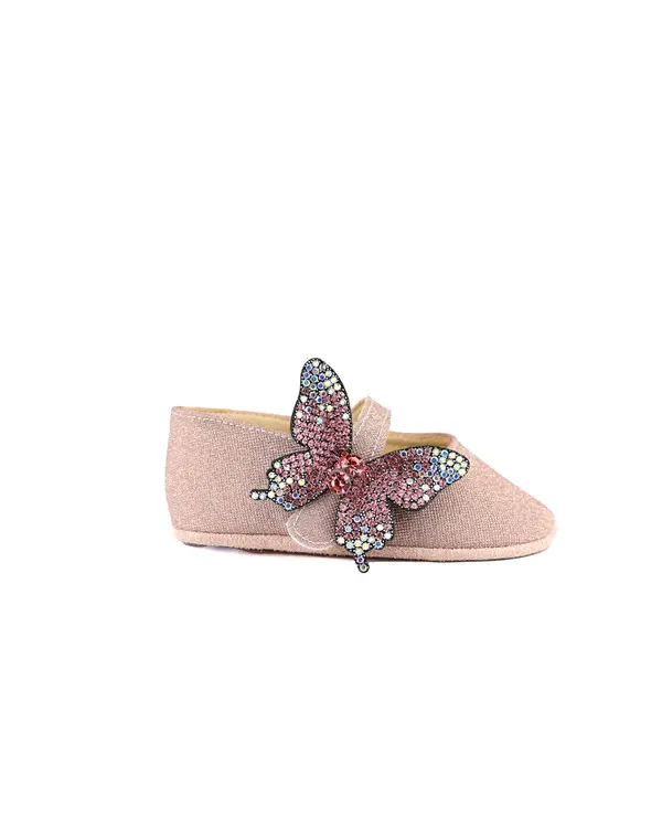 Strassed Butterfly Embellished Single Strap Glitter Fabric Ballerinas