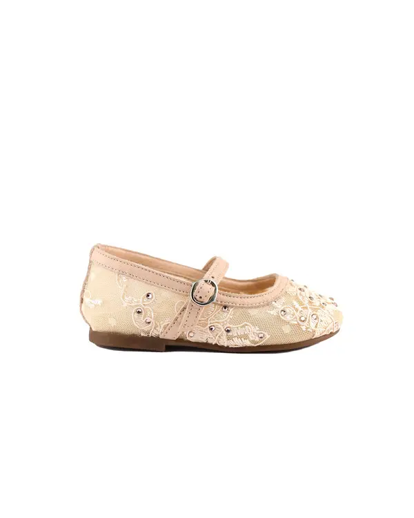 Leather Details Mesh Lace Fabric Ballerinas