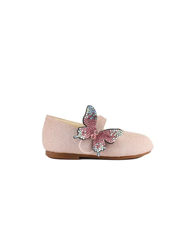 Butterfly With Crystals Embellished Metallic Fabric Ballerinas