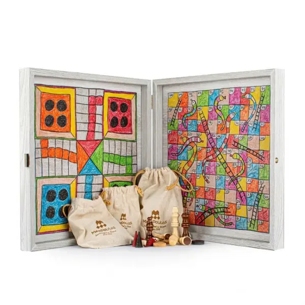Chess/Backgammon/Ludo/Snakes  - Children's Freehand Colored Drawing Sketch in Grey wooden case