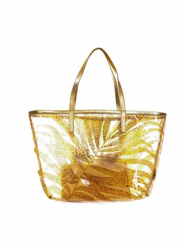 Transparent Tropical Leopard Print Beach Bag with Gold Pouch