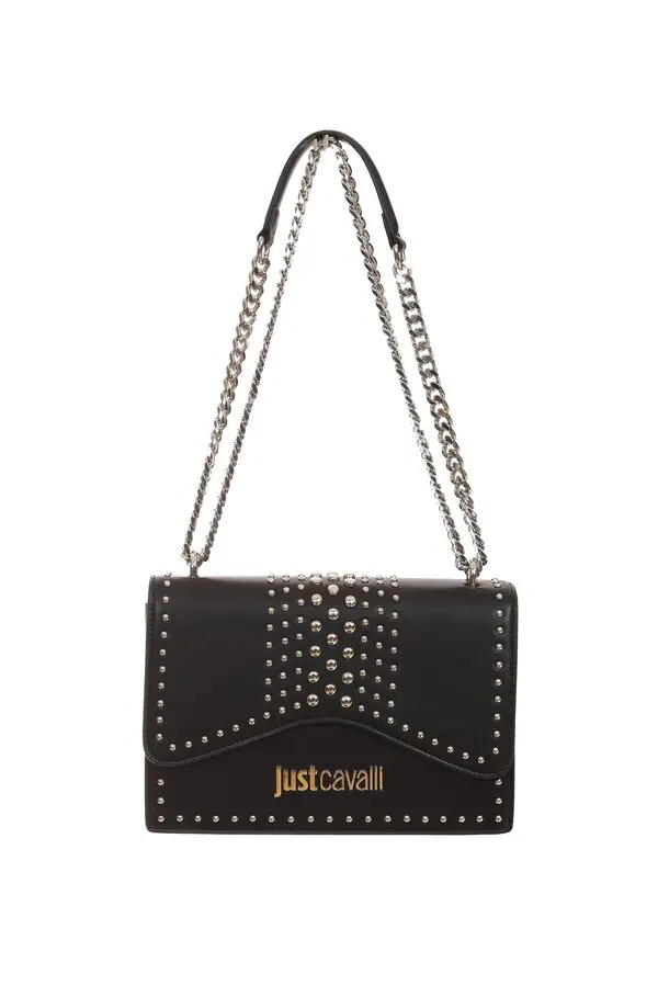Stud-Embellished Leather Flap Shoulder Bag with Chain Strap