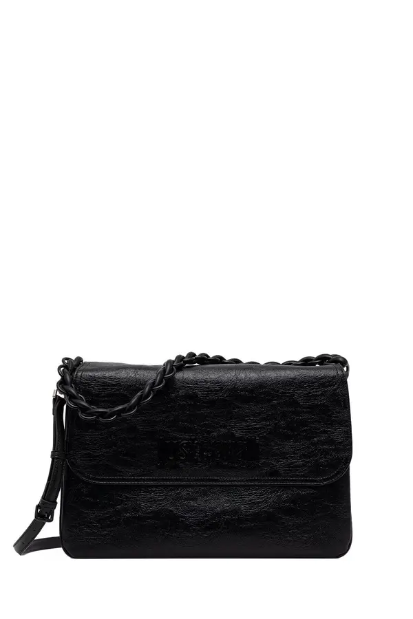 Crinkled Leather Flap Shoulder Bag with Chain Strap