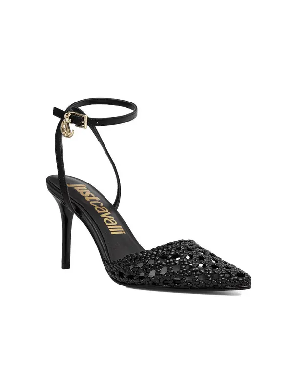 Woven Pointed-Toe Pumps with Ankle Strap