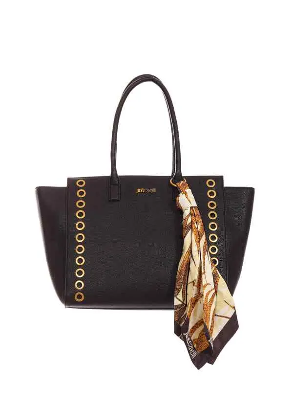 Grommet-Detail Leather Tote Bag with Animal Print Scarf
