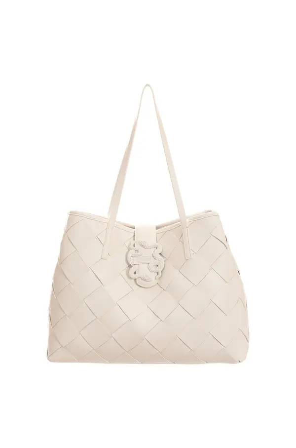 Woven-Design Leather Tote Bag with Tonal Snake Hardware