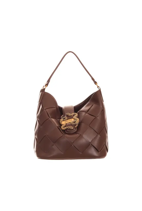 Woven Leather Hobo Shoulder Bag with Snake Emblem