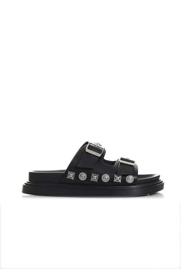 Studded Double-Strap Leather Slides